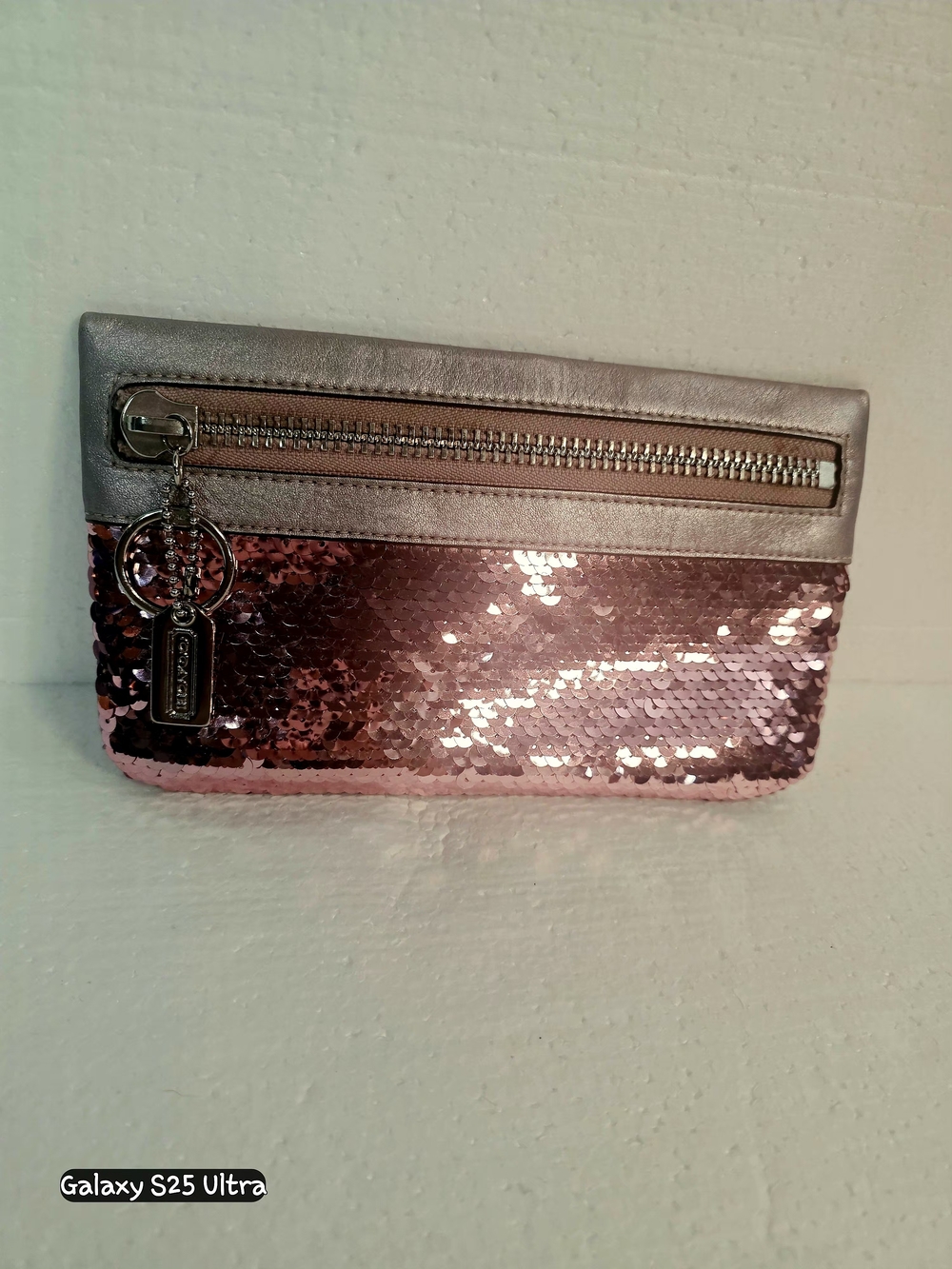 Coach Y2K Poppy Pink Sequin Wristlet Clutch with Silver Trim #60681